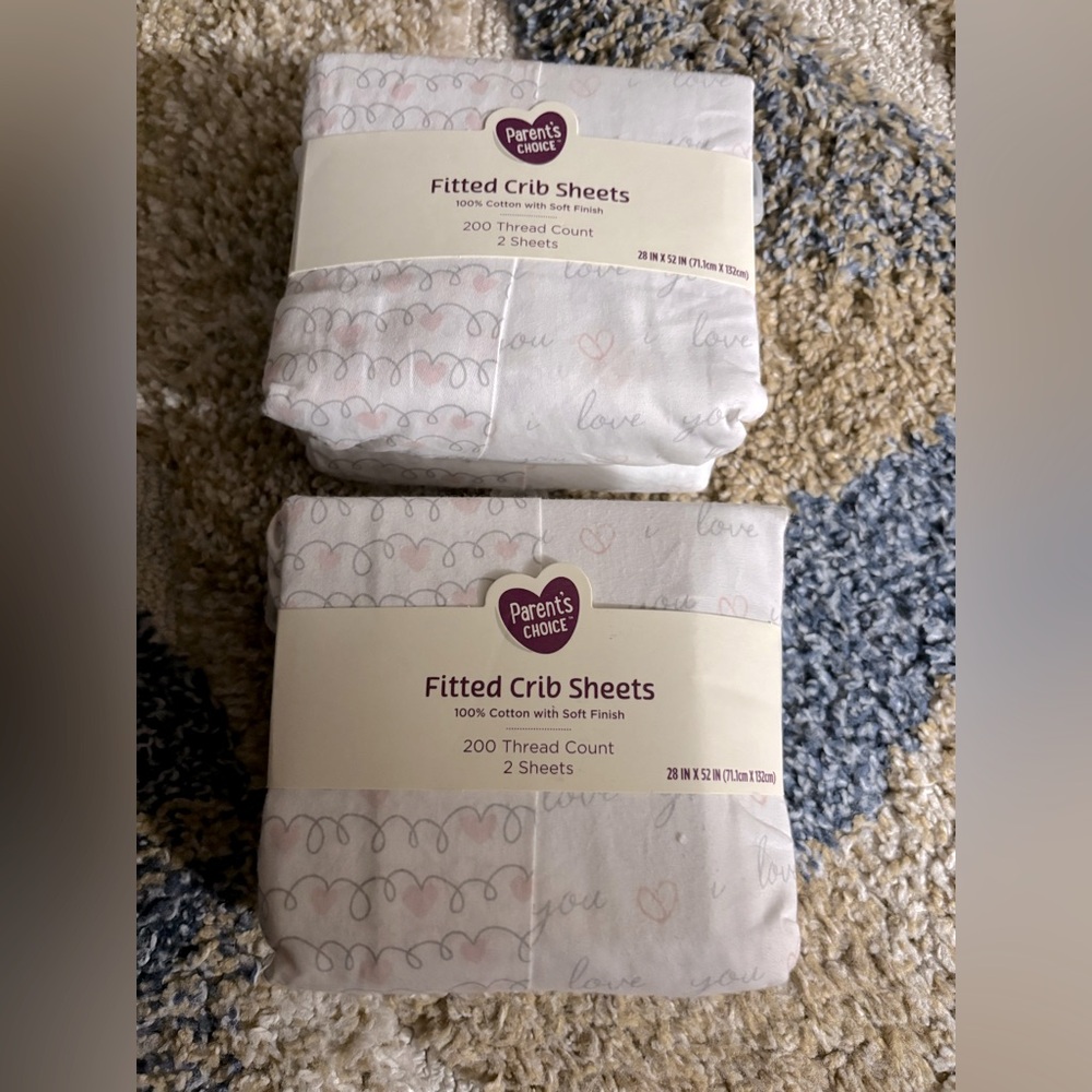Parents choice Baby girls Fitted Crib sheet. 2 packages pink hearts gray font